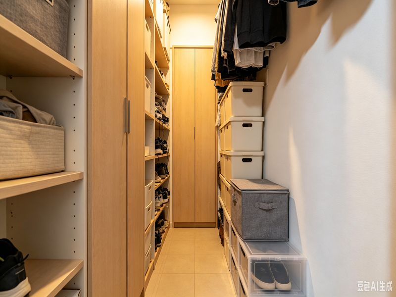Walk-in closet — matching cotton-linen bin sets