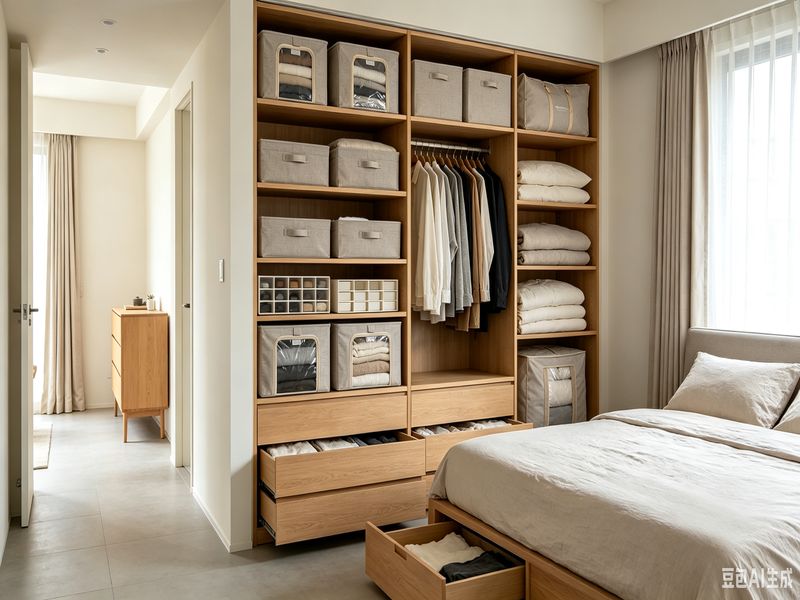 Built-in wardrobe — steel-frame boxes and divider grids